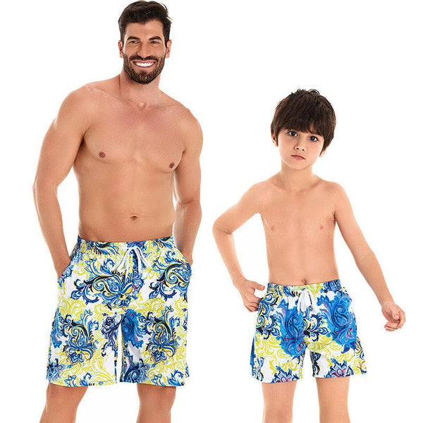Father and Son Matching Swim Trunks - Classic Paisley Pattern in Blue and Yellow-dresslikemommy.com