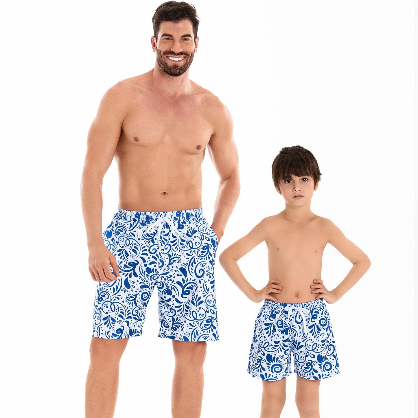Father and Son Matching Swim Trunks - Elegant Blue and White Paisley Design, Quick Dry Beachwear-dresslikemommy.com