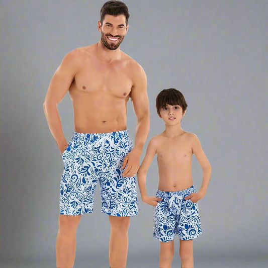 Father and Son Matching Swim Trunks - Elegant Blue and White Paisley Design, Quick Dry Beachwear-dresslikemommy.com