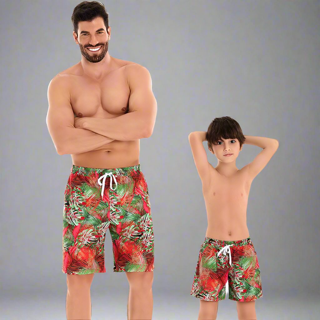 Father and Son Matching Swim Trunks - Tropical Paradise Red and Green Print-dresslikemommy.com
