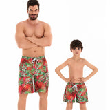 Father and Son Matching Swim Trunks - Tropical Paradise Red and Green Print-dresslikemommy.com