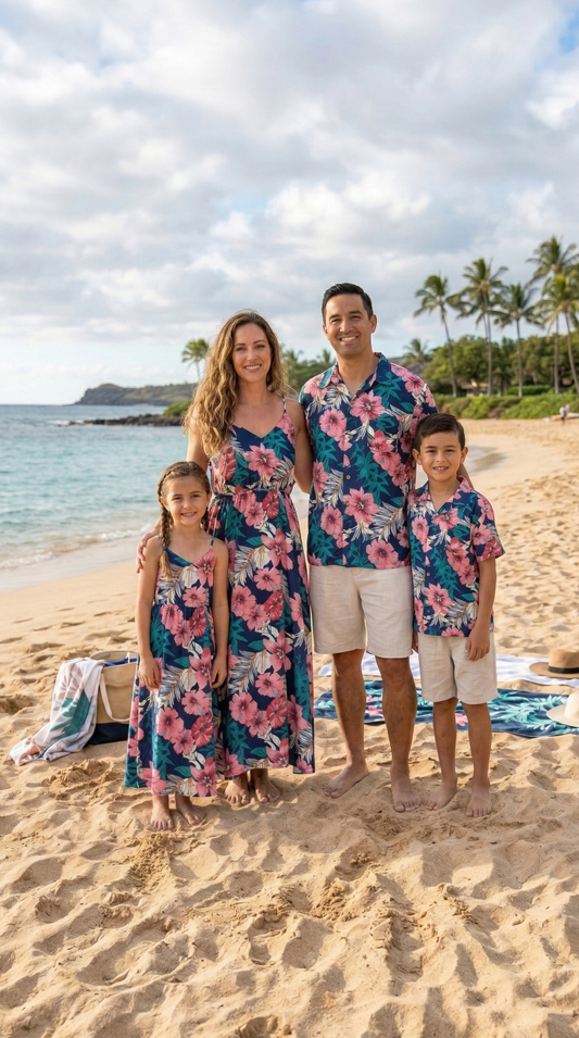 Family of four wearing matching floral outfits on a beach with palm trees and ocean in the background. - matching swimsuit for family
