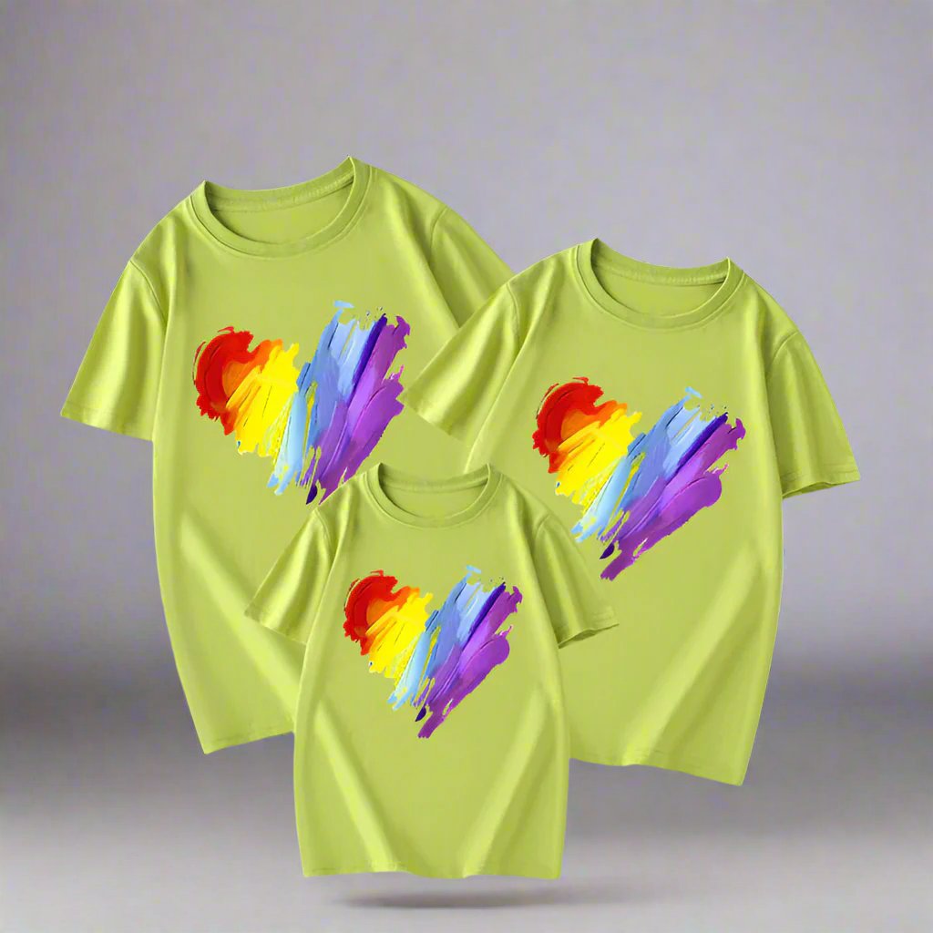 Colorful heart design on family matching t-shirts in white, red, and yellow