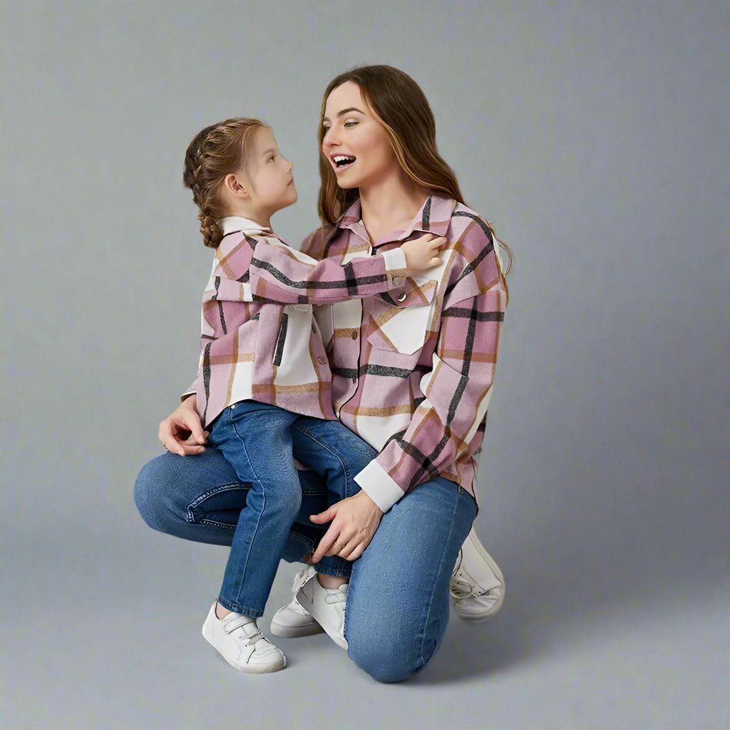 Cozy plaid shirt jackets for mother and daughter in red, brown, pink, and green