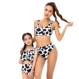 Modern Cow Print Tankini Swimsuit Set for Mother and Daughter Stylish High-Waisted Swimwear with Ruffle Detail-dresslikemommy.com
