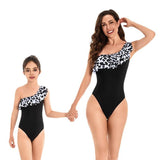 Modern Monochrome One-Shoulder Swimsuit with Animal Print Ruffle - Elegant Poolside Duo for Mother and Child-dresslikemommy.com