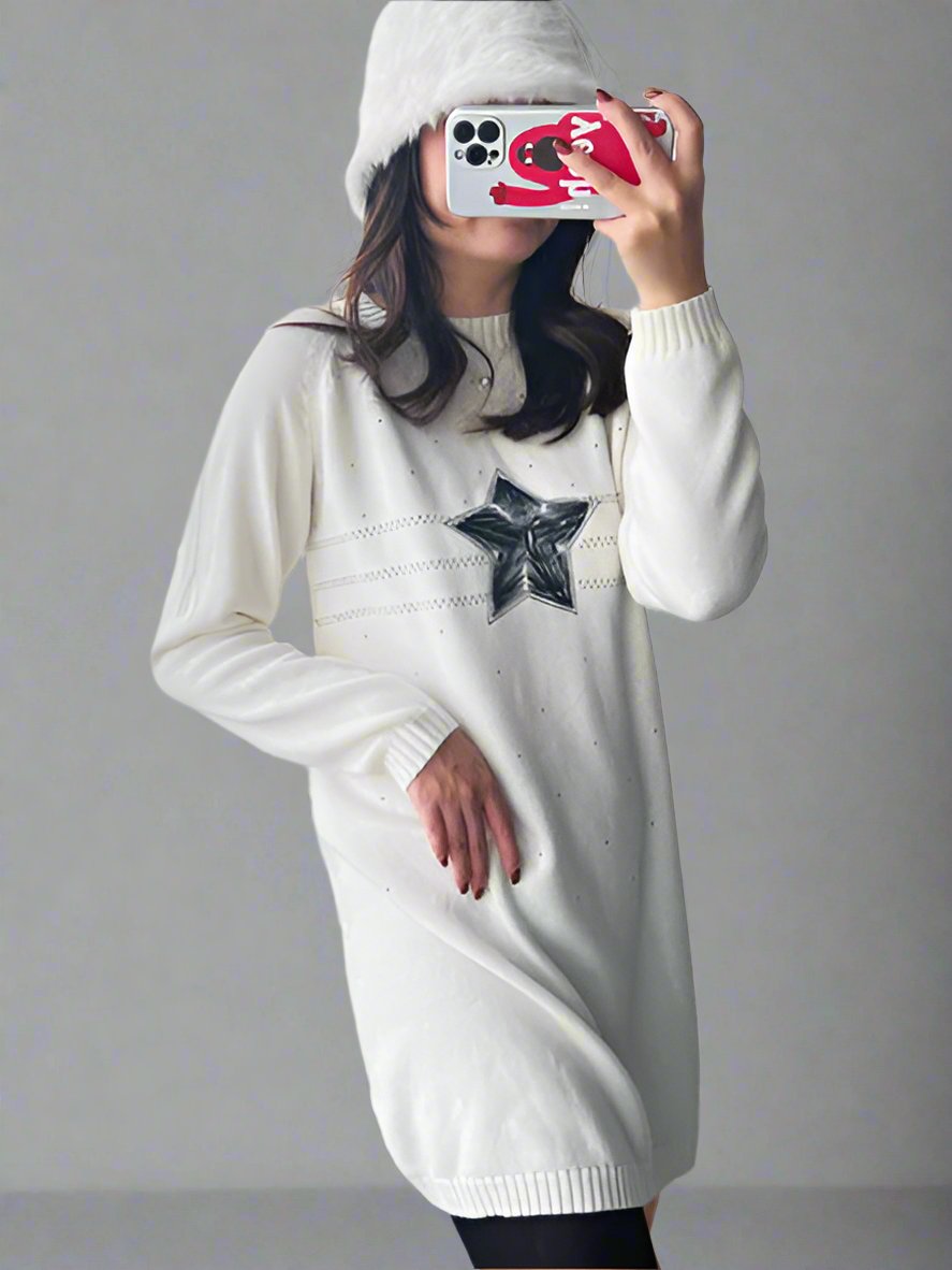 Cozy mother-daughter knit sweater dress set in cream with bold star print