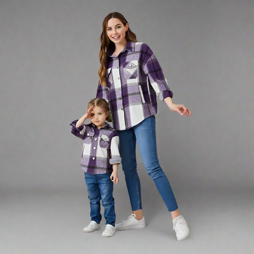Casual mother and child plaid shacket set in pink plaid pattern