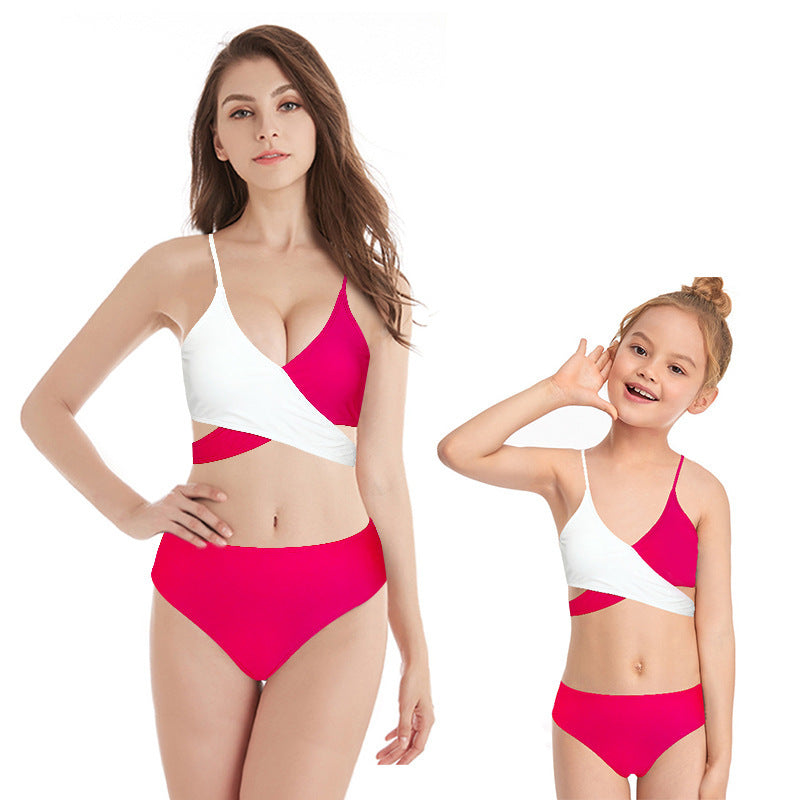 Close product view of family matching bikini sets with floral print