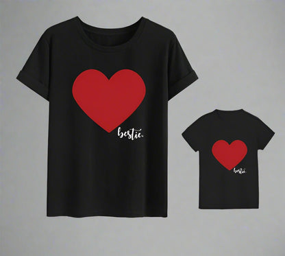 Family Matching "Bestie" Heart T-Shirt Set - Available in Red, White, and Black