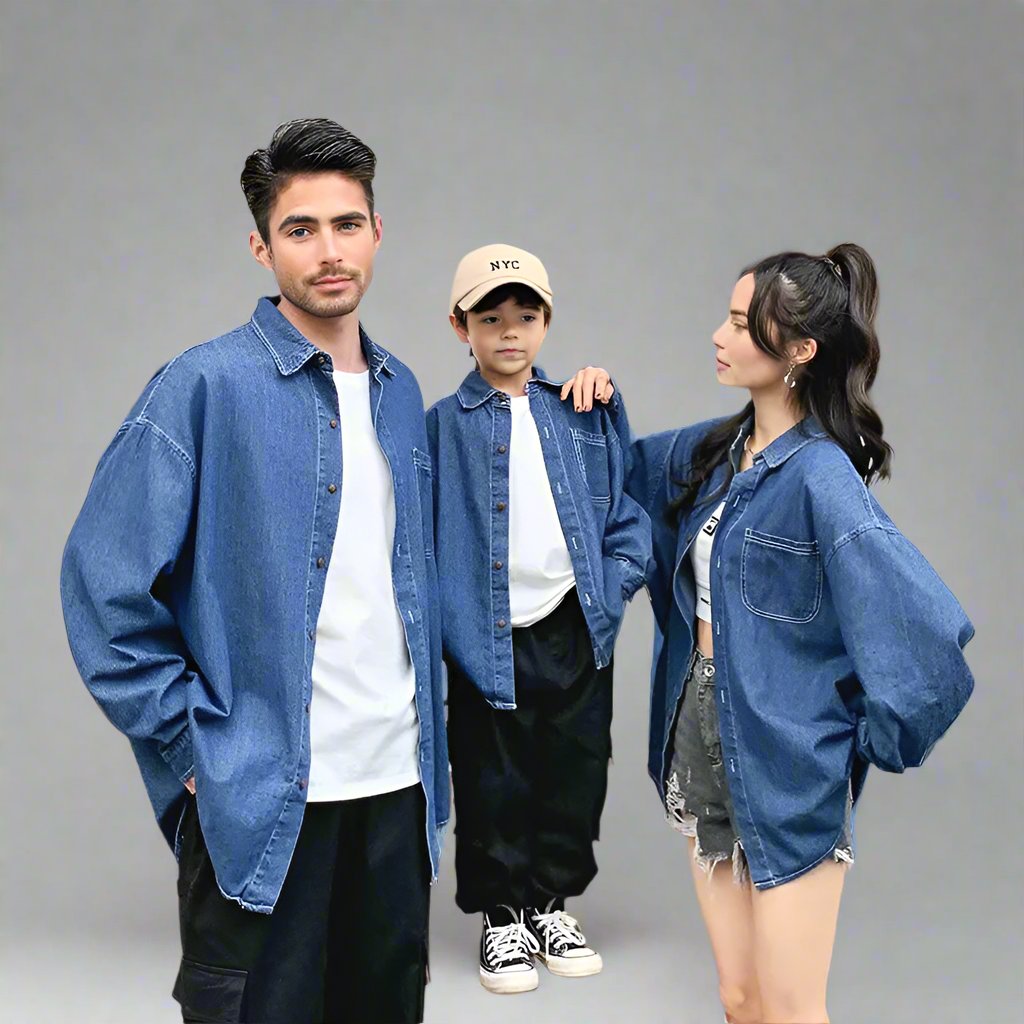 Father, mother, and daughter wearing matching blue denim shirts