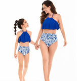 Royal Blue High-Neck Halter Swimsuit Set with Paisley Print Bottoms - Elegant Family Beachwear-dresslikemommy.com