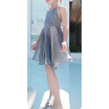 Shimmering Silver-Grey Party Dress for Women and Girls - Elegant A-Line Dress with Cross-Back Detail-dresslikemommy.com