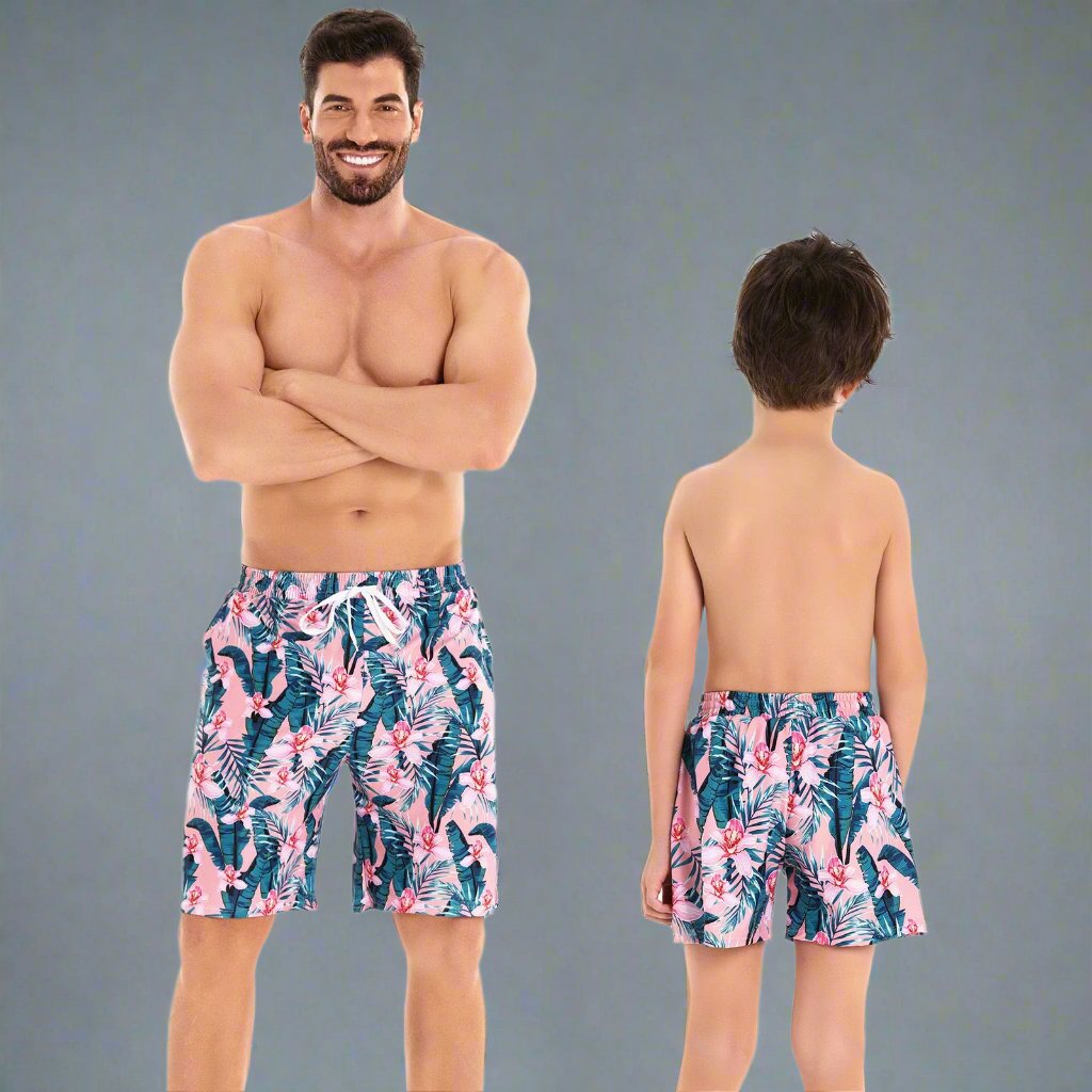 Tropical Flair Father and Son Matching Swim Trunks Flamingo and Foliage Print-dresslikemommy.com