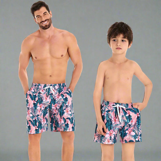 Tropical Flair Father and Son Matching Swim Trunks Flamingo and Foliage Print-dresslikemommy.com