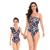 Tropical One-Shoulder Ruffle Swimsuit for Women and Girls - Vibrant Floral Print, Asymmetrical Design, Family Matching Swimwear-dresslikemommy.com