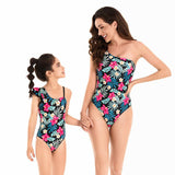 Tropical One-Shoulder Ruffle Swimsuit for Women and Girls - Vibrant Floral Print, Asymmetrical Design, Family Matching Swimwear-dresslikemommy.com