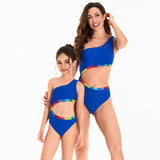 Vibrant One-Shoulder Rainbow Trim Swimsuit Set - Chic Monochrome Blue with Colorful Accents for Mother & Daughter-dresslikemommy.com