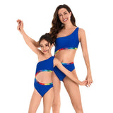 Vibrant One-Shoulder Rainbow Trim Swimsuit Set - Chic Monochrome Blue with Colorful Accents for Mother & Daughter-dresslikemommy.com