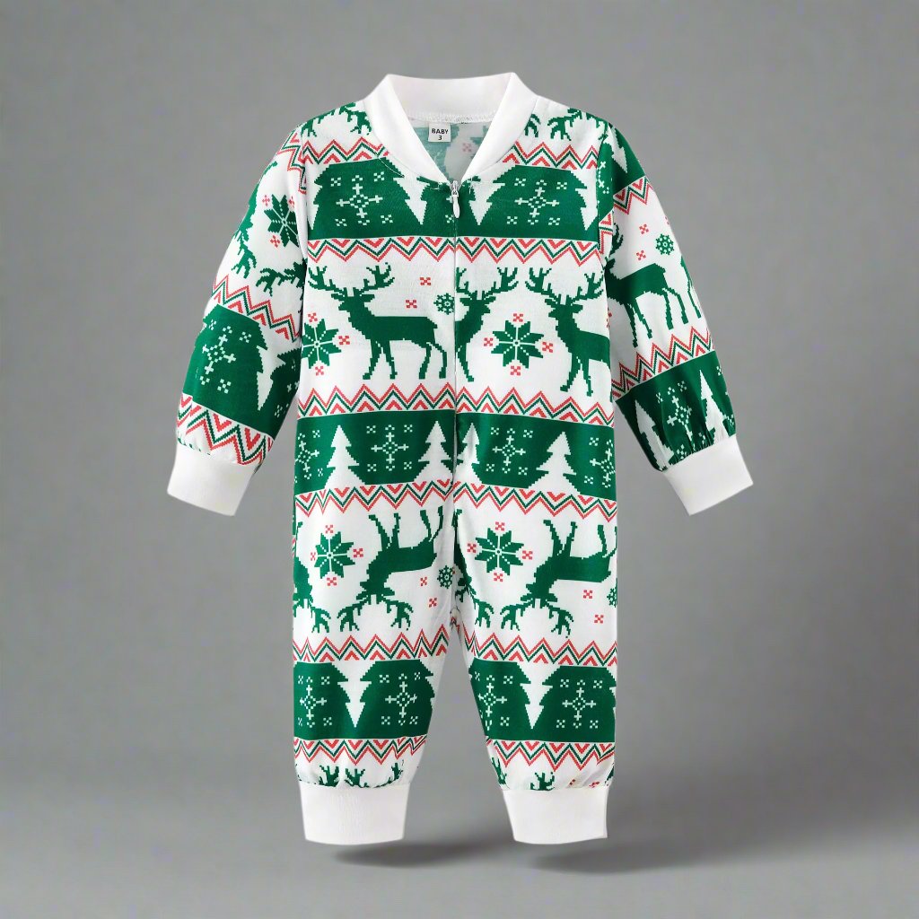 Family Matching Christmas Pajamas Set Green White Reindeer