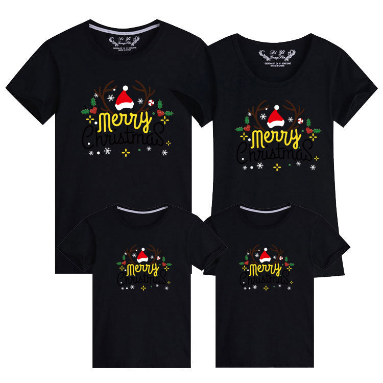 Holiday-themed black family t-shirt set with a cheerful Merry Christmas design