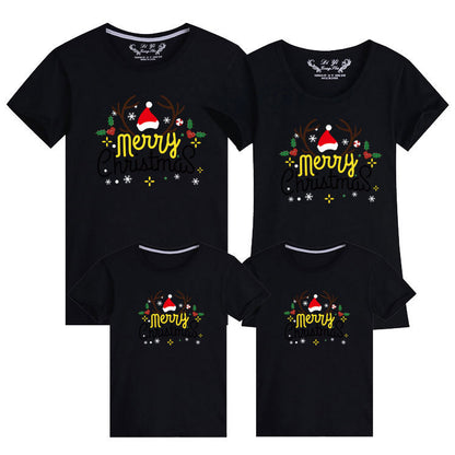 Holiday-themed black family t-shirt set with a cheerful Merry Christmas design