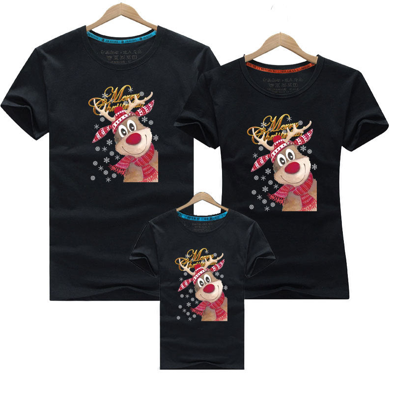 Black family matching holiday tees with reindeer design and winter snowflake details