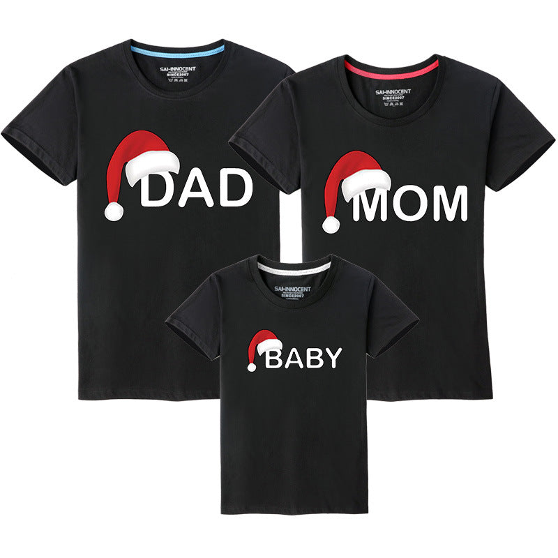 Black matching family shirts with Santa hat design featuring 'Dad,' 'Mom,' and 'Baby' text for Christmas
