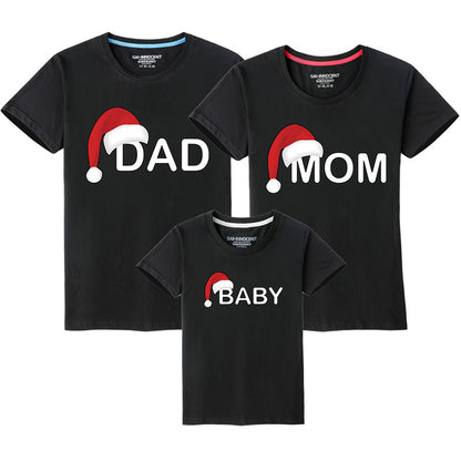 Black matching family shirts with Santa hat design featuring 'Dad,' 'Mom,' and 'Baby' text for Christmas