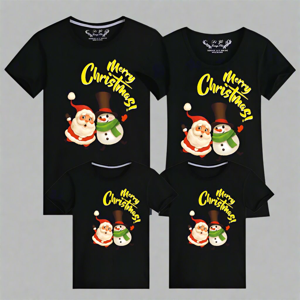 Black family Christmas t-shirts featuring Santa and snowman with Merry Christmas design