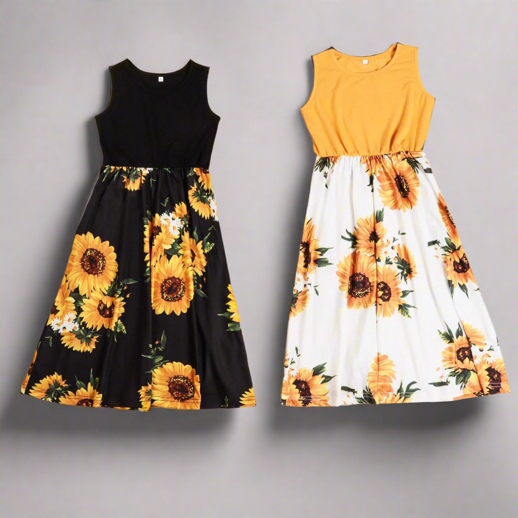 Matching sunflower dresses for mother and daughter summer outfits