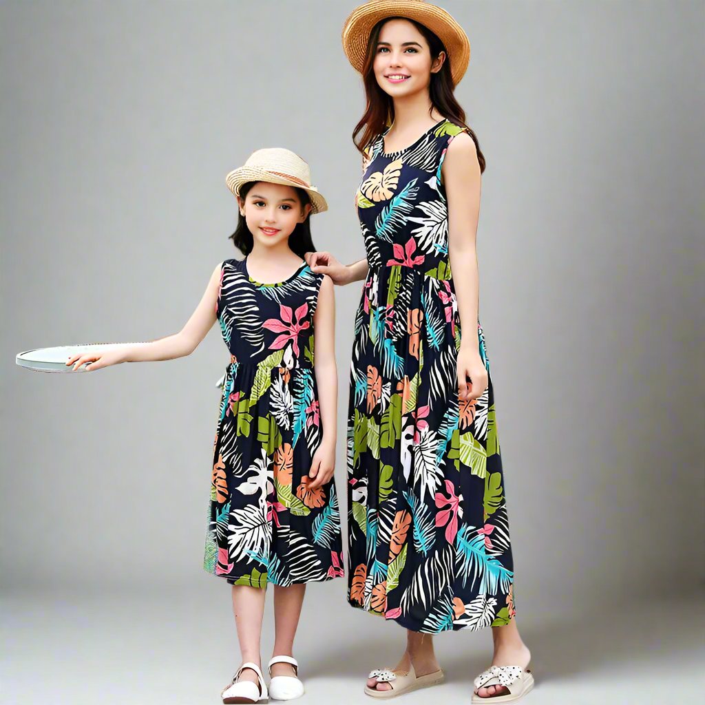 Black tropical print matching dresses for mommy and me