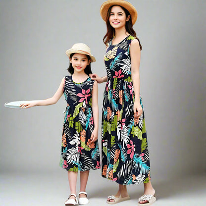 Black tropical print matching dresses for mommy and me