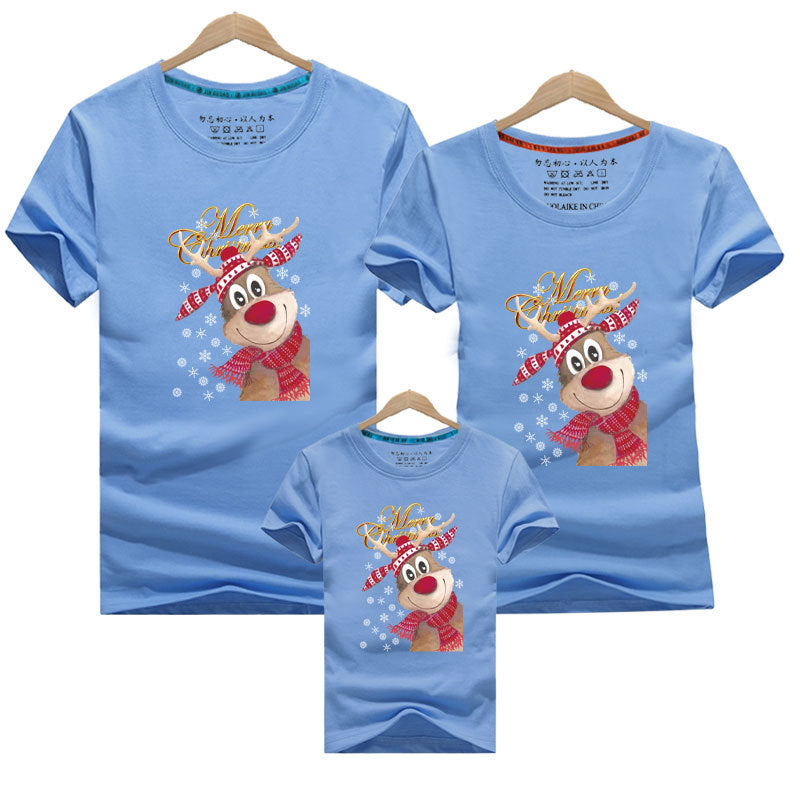 Blue matching family Christmas t-shirts with a cute reindeer and 'Merry Christmas' graphi