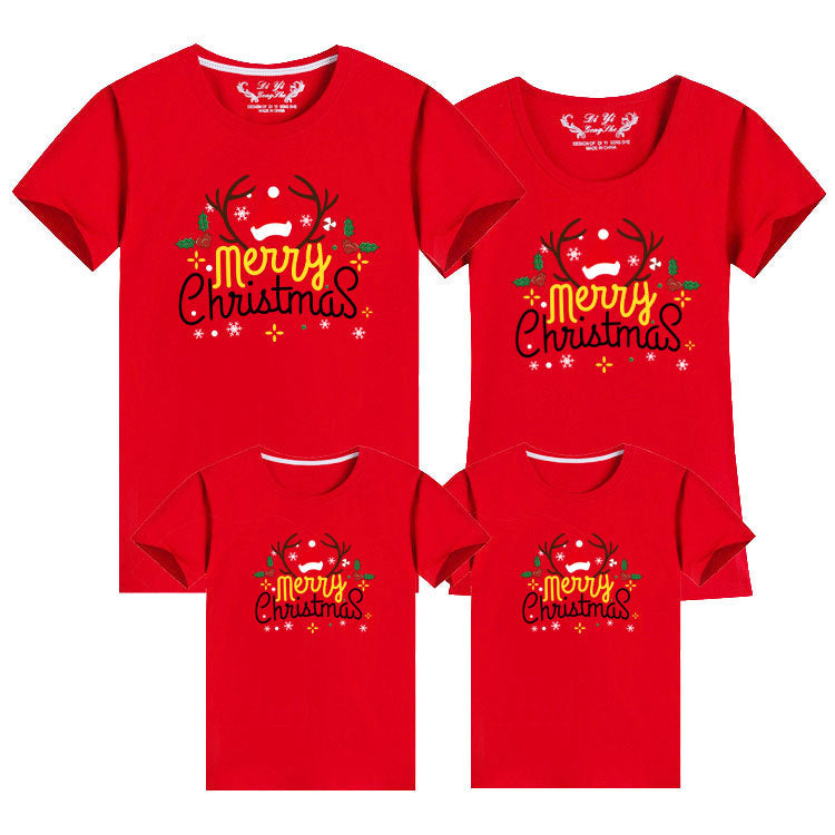 Bright red matching family Christmas shirts for festive celebrations