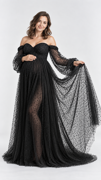 Dotted Tulle Off-Shoulder Maternity Photoshoot Gown in Black