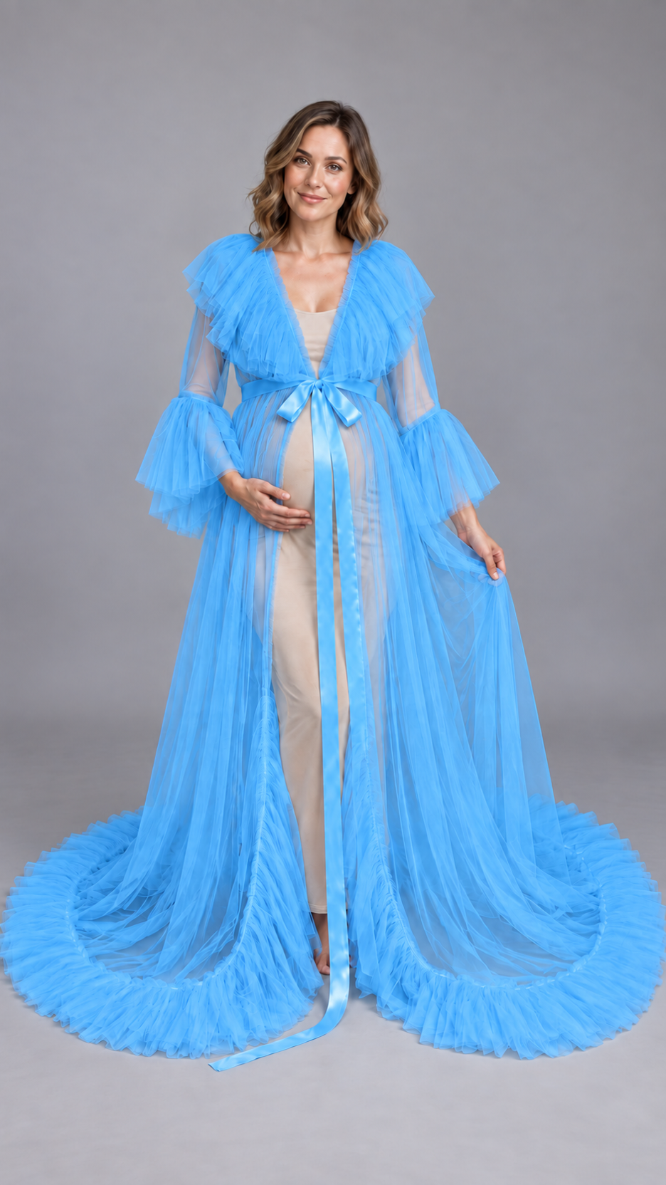 Sheer Tulle Ruffle-Collar Maternity Photoshoot Gown in Bright Blue