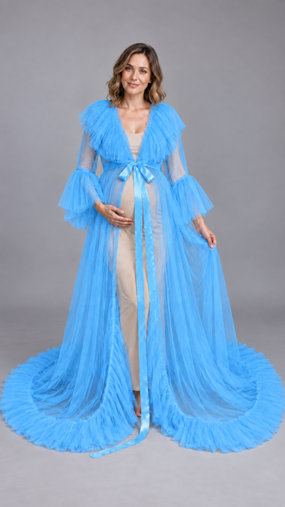 Sheer Tulle Ruffle-Collar Maternity Photoshoot Gown in Bright Blue