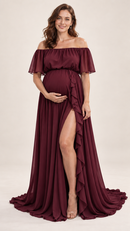 Ruffle Slit Off-Shoulder Maternity Photoshoot Gown in Burgundy