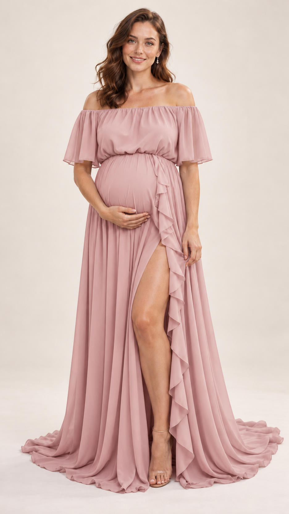 Ruffle Slit Off-Shoulder Maternity Photoshoot Gown in Dusty Pink