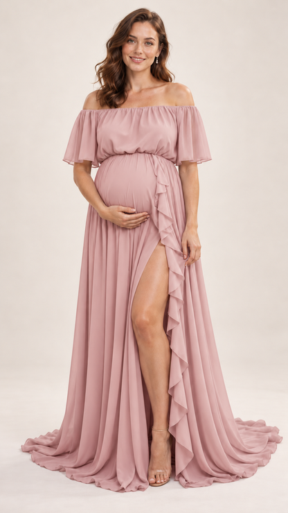 Ruffle Slit Off-Shoulder Maternity Photoshoot Gown in Dusty Pink