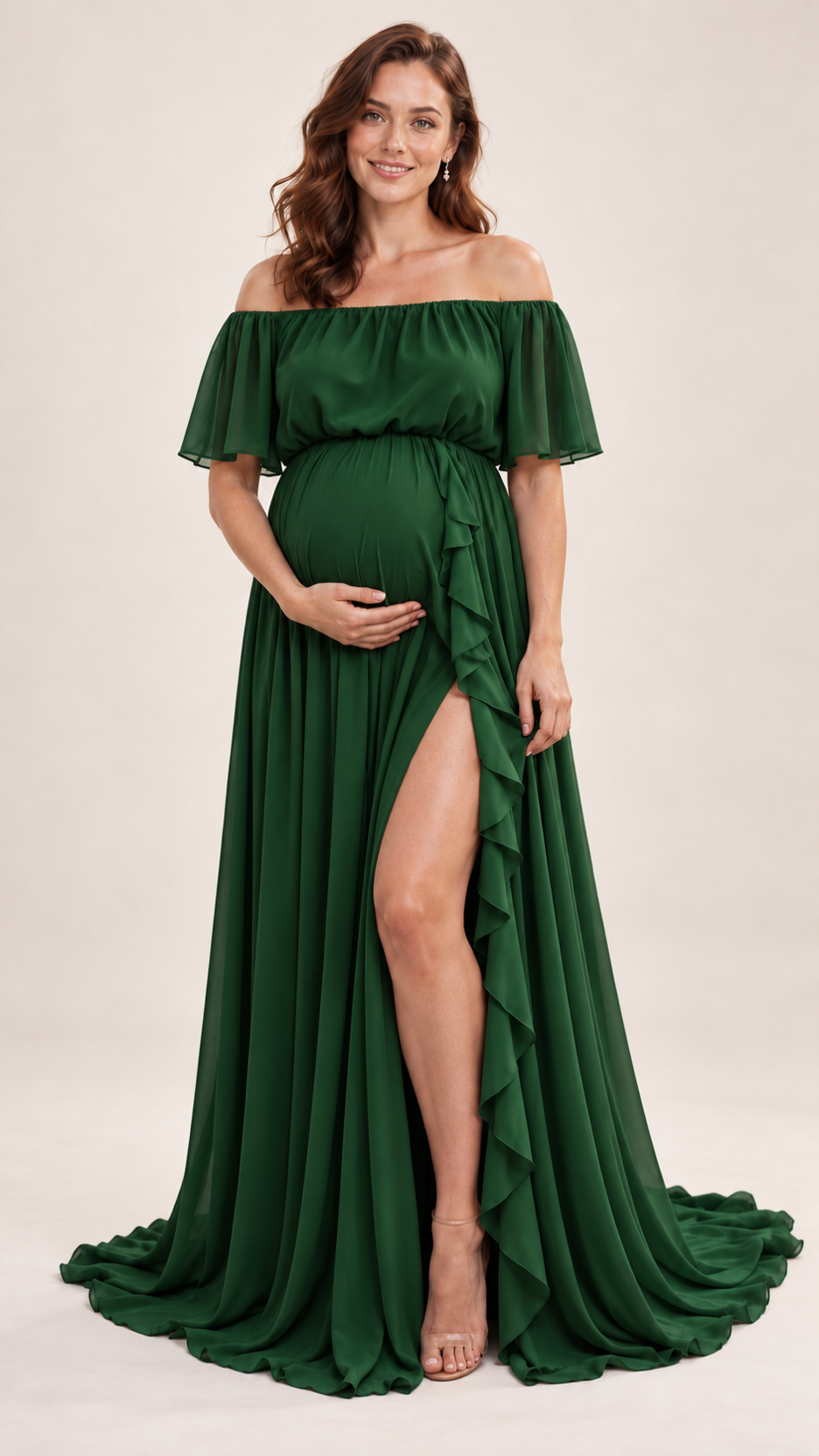 Ruffle Slit Off-Shoulder Maternity Photoshoot Gown in Deep Emerald