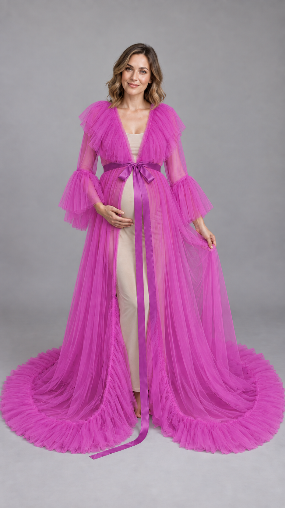 Sheer Tulle Ruffle-Collar Maternity Photoshoot Gown in Fuchsia Pink