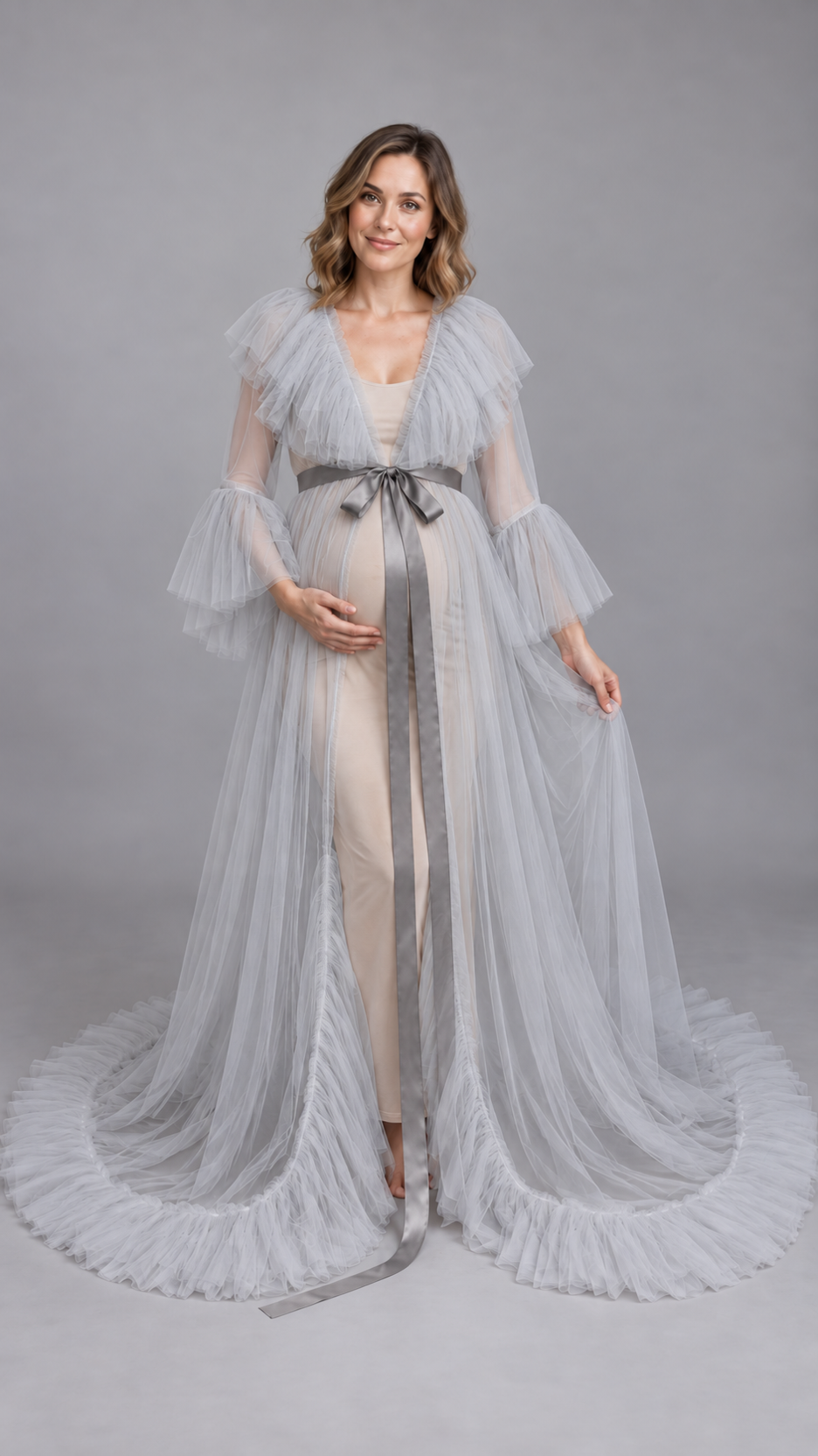 Sheer Tulle Ruffle-Collar Maternity Photoshoot Gown in Gray
