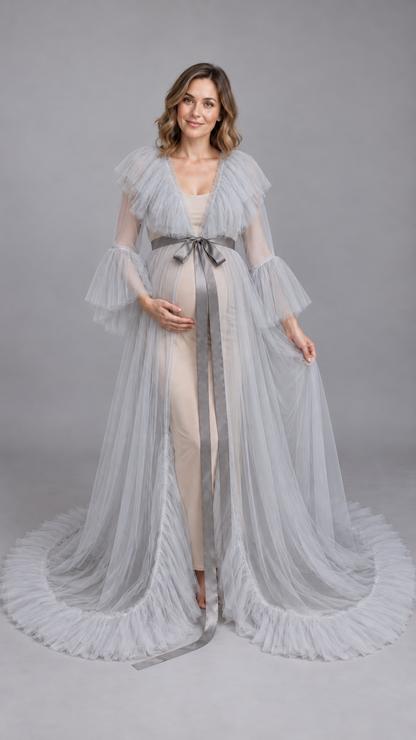 Sheer Tulle Ruffle-Collar Maternity Photoshoot Gown in Gray