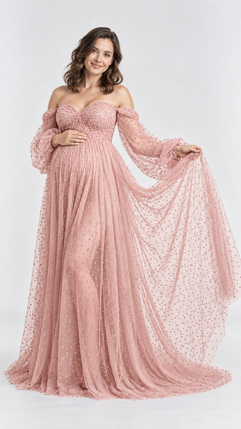 Dotted Tulle Off-Shoulder Maternity Photoshoot Gown in Pink