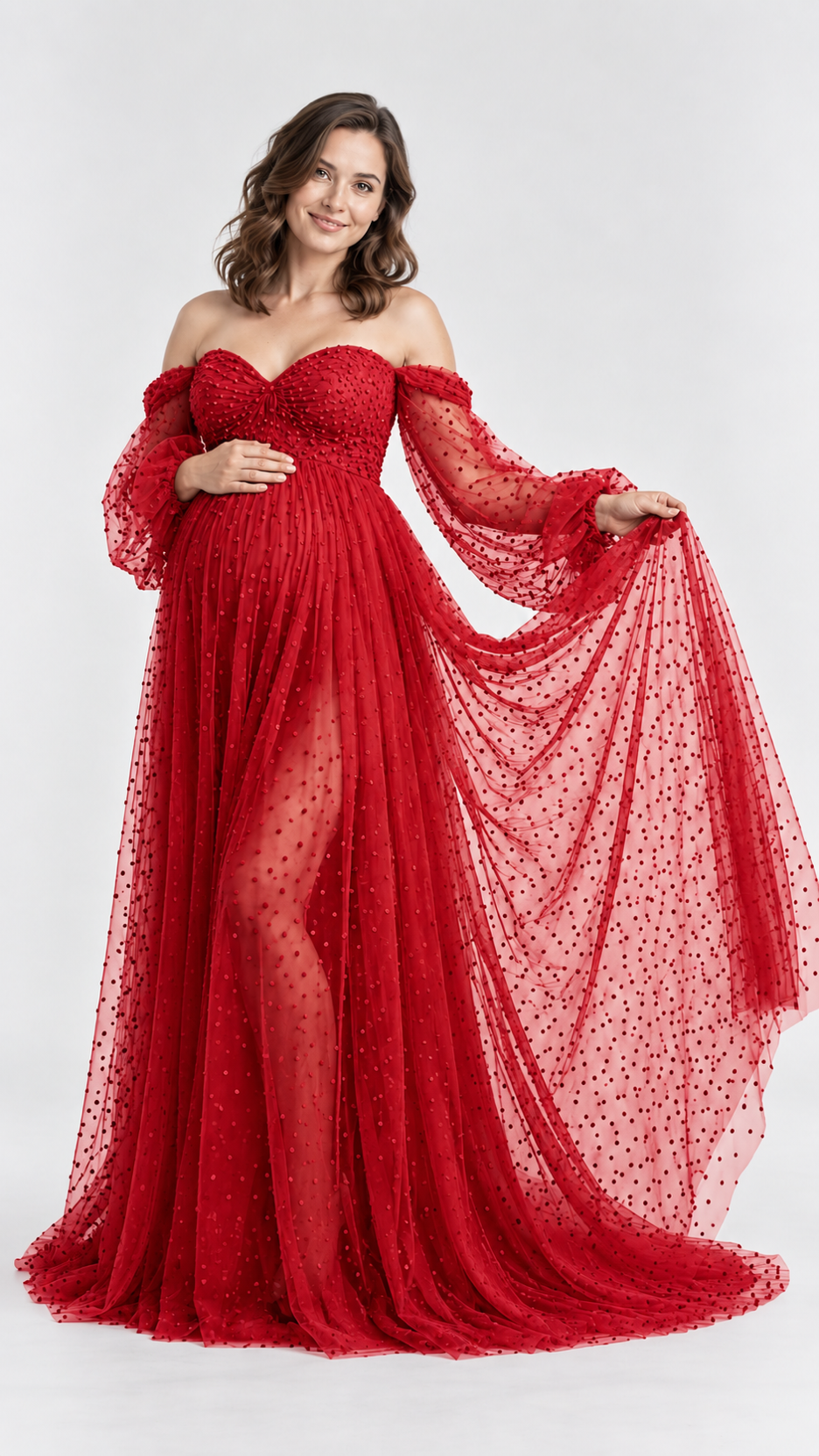 Dotted Tulle Off-Shoulder Maternity Photoshoot Gown in Red