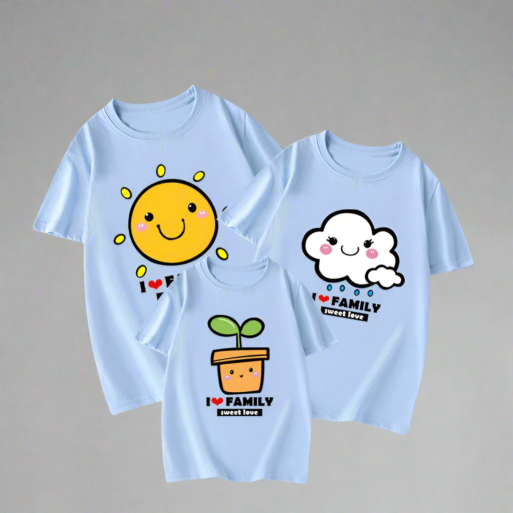 Colorful family shirts set featuring adorable sun, cloud, and plant illustrations for coordinated outfits