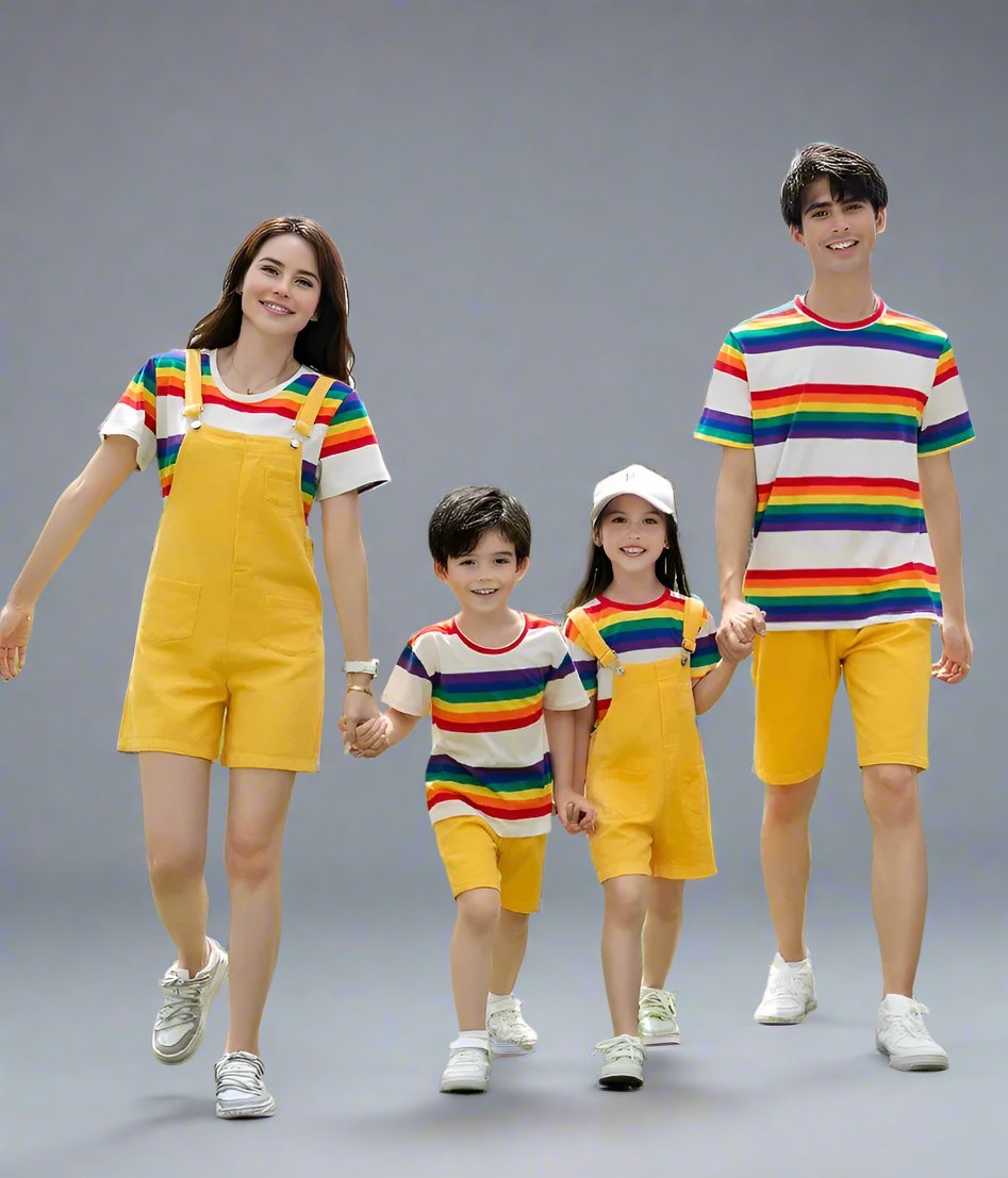 Coordinated family outfits with colorful rainbow stripes and yellow overalls for mom and daughter