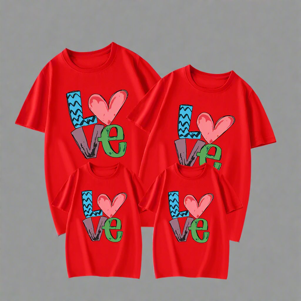 Family outfit with large LOVE graphic design, available in various color